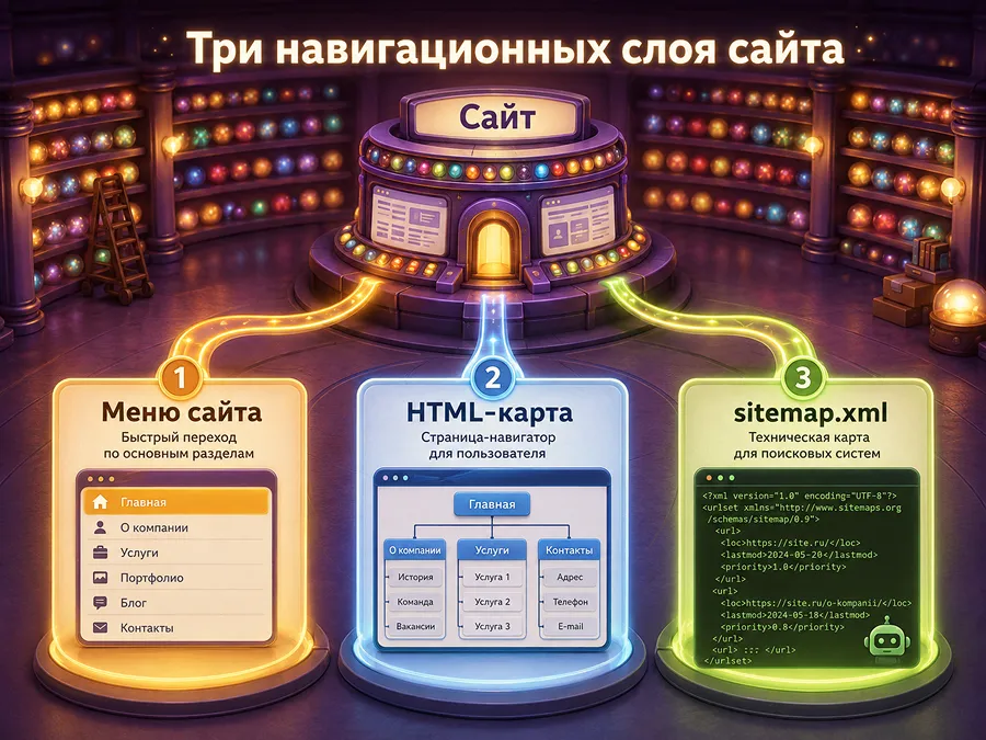 Схема отличий HTML-карты сайта, sitemap.xml и меню сайта